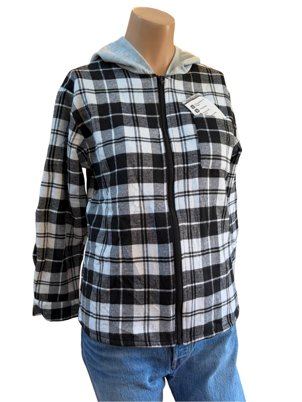 Plaid Sherpa Lined Hooded Shacket Jacket Black White Grey M/L
